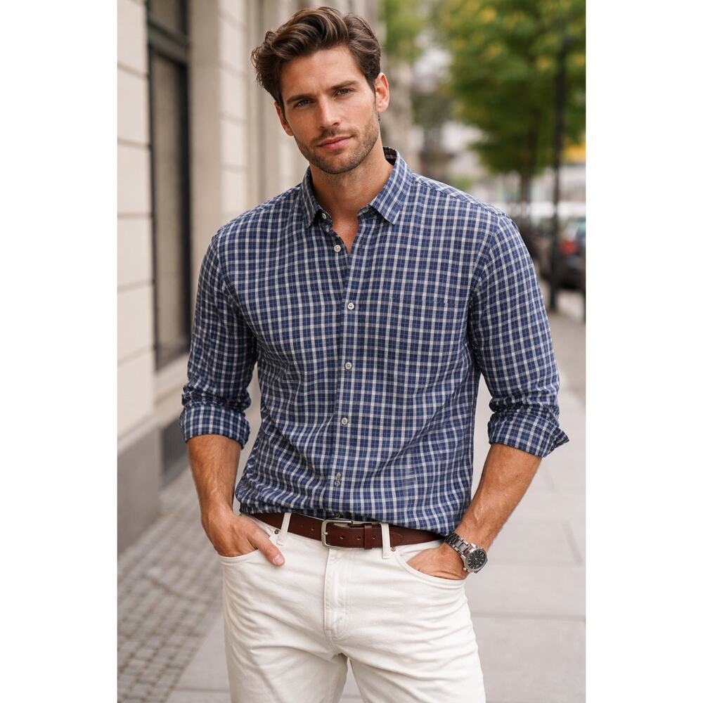 Billy Reid Standard Fit Cotton Plaid Long Sleeve Button-Front Shirt Blue Men's L